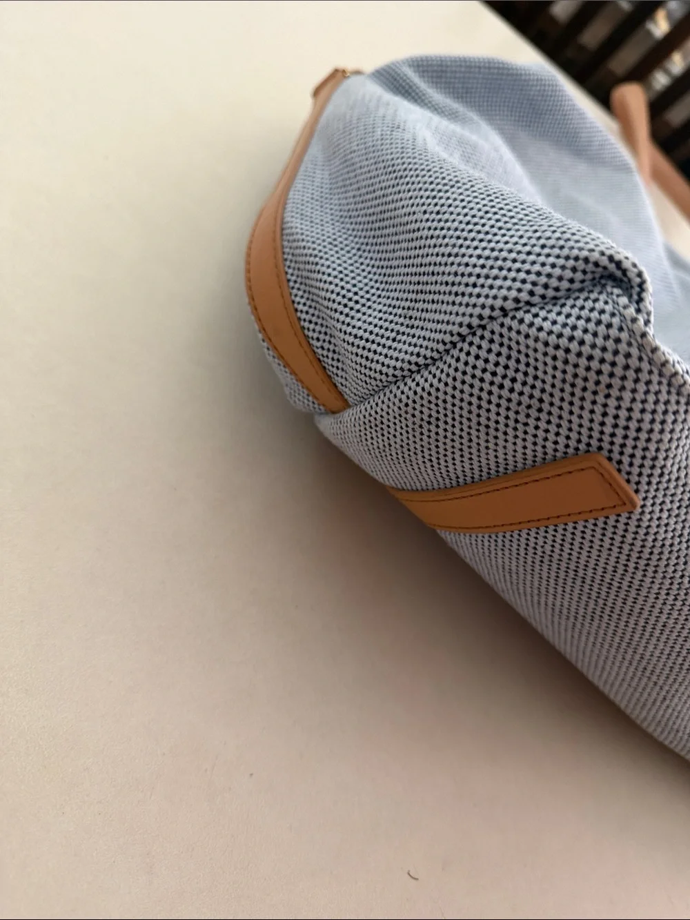 Tory Burch Light Blue Canvas Weekender with Tan Leather Logo